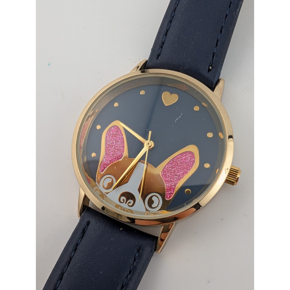 French Bulldog Women's Watch Gold 36mm Case Blue Faux Leather Band- New Battery‎